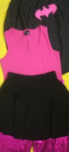Kids Costumes to Hire - BatGIRL - PINK - Metallic Pink Leggings, Black Skirt, Pink Top, Black Cape - 4pce